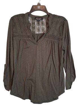 Olive Lace Detail Blouse Lightweight Boho Top - Size M
